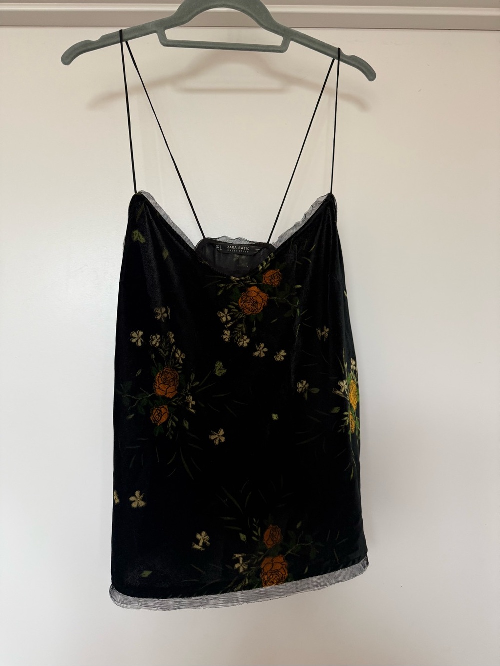 Zara Black Velvet Floral Cami with Orange & Cream Blossoms